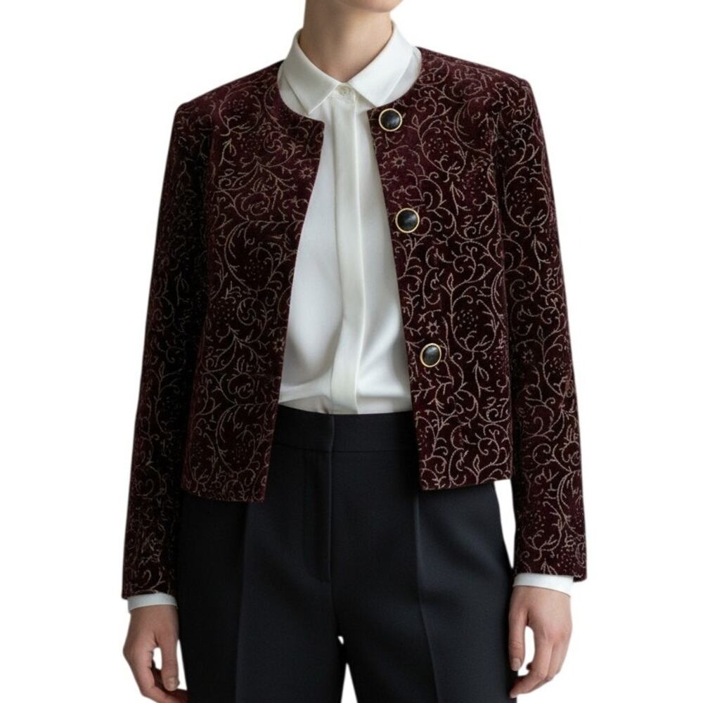 Vintage Maroon Velour Gold Glitter Jacket Women Sz Medium 90s Sparkle Christmas